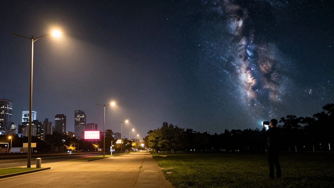 Contrast between a light-polluted city skyline and a dark sky park where the Milky Way is clearly visible.