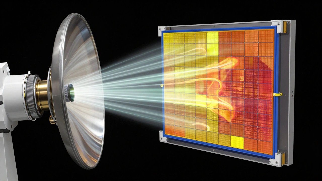 Cross-section of the Roman Space Telescope's optical system with photons and sensor distortions visualized.
