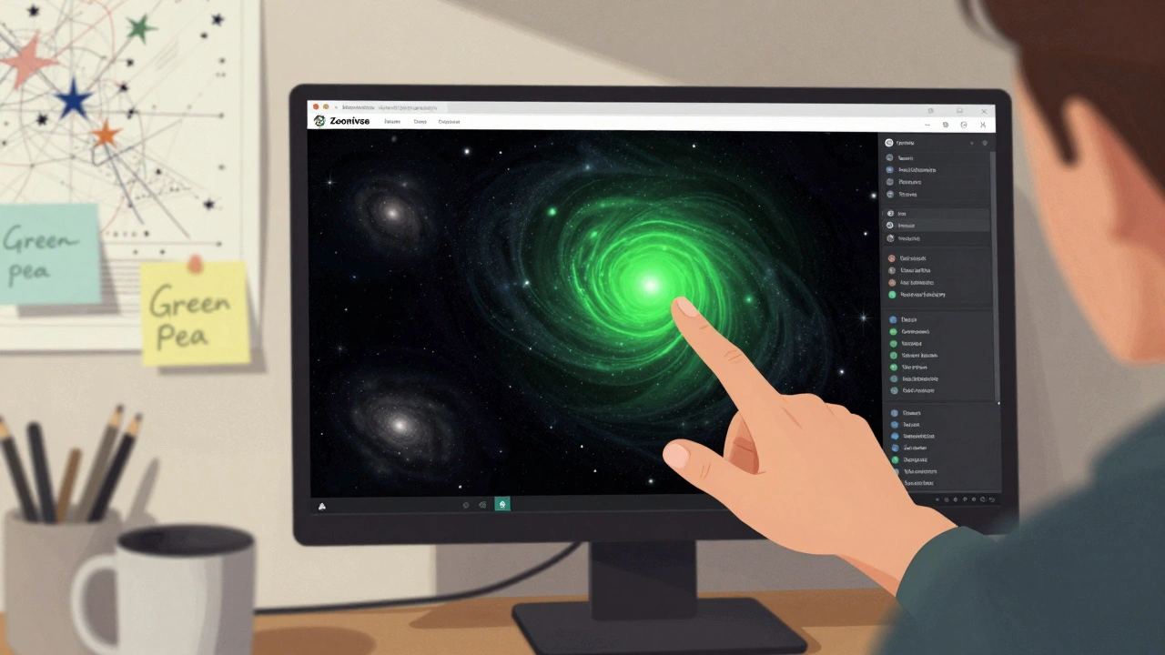 Hand pointing at a computer screen highlighting a bright green galaxy on a citizen science platform.