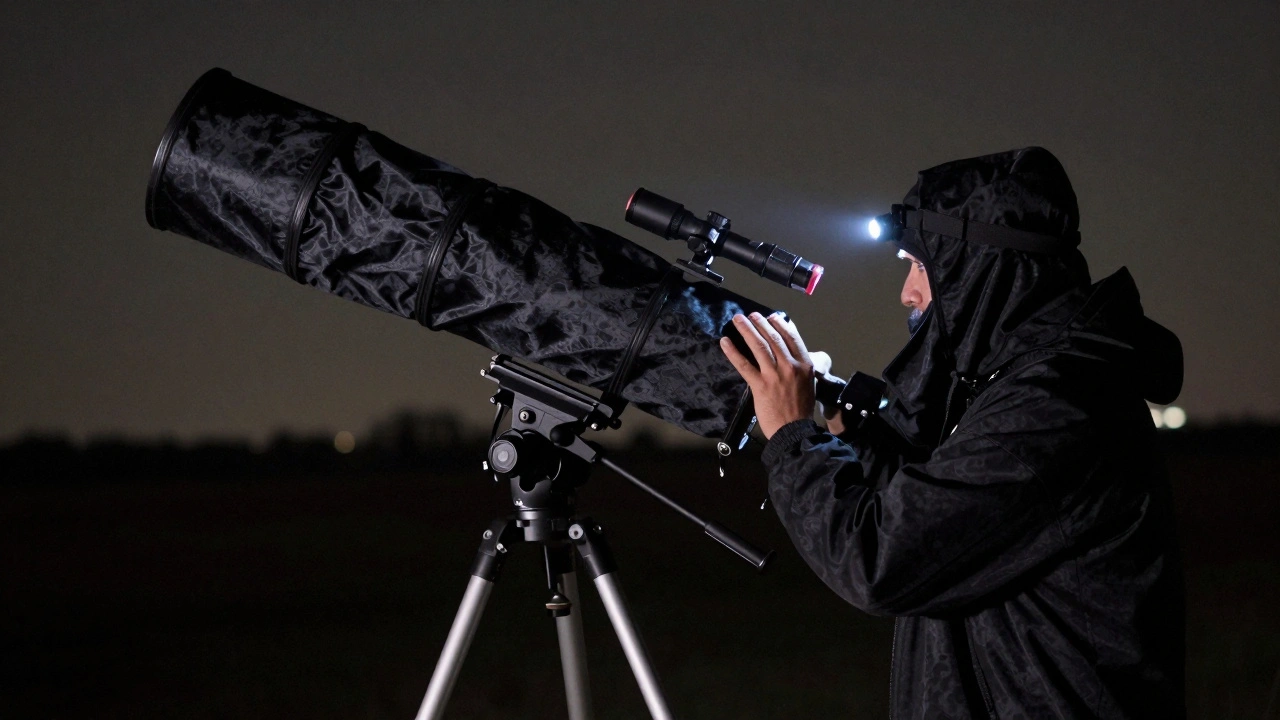 Observer wearing a red headlamp, looking through a telescope covered by a full black shroud.