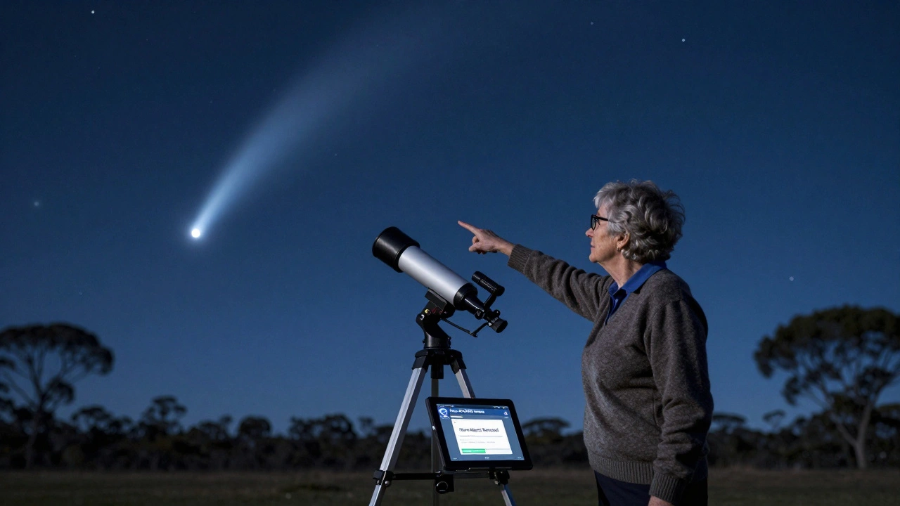 Retired teacher observing a newly discovered comet through a backyard telescope under a starry sky.