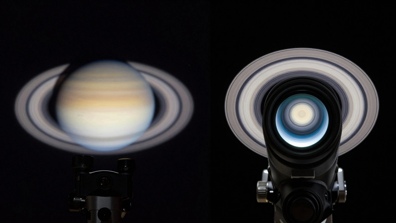 Side-by-side view comparing blurry planetary image from wide-angle eyepiece versus crisp detail from orthoscopic.