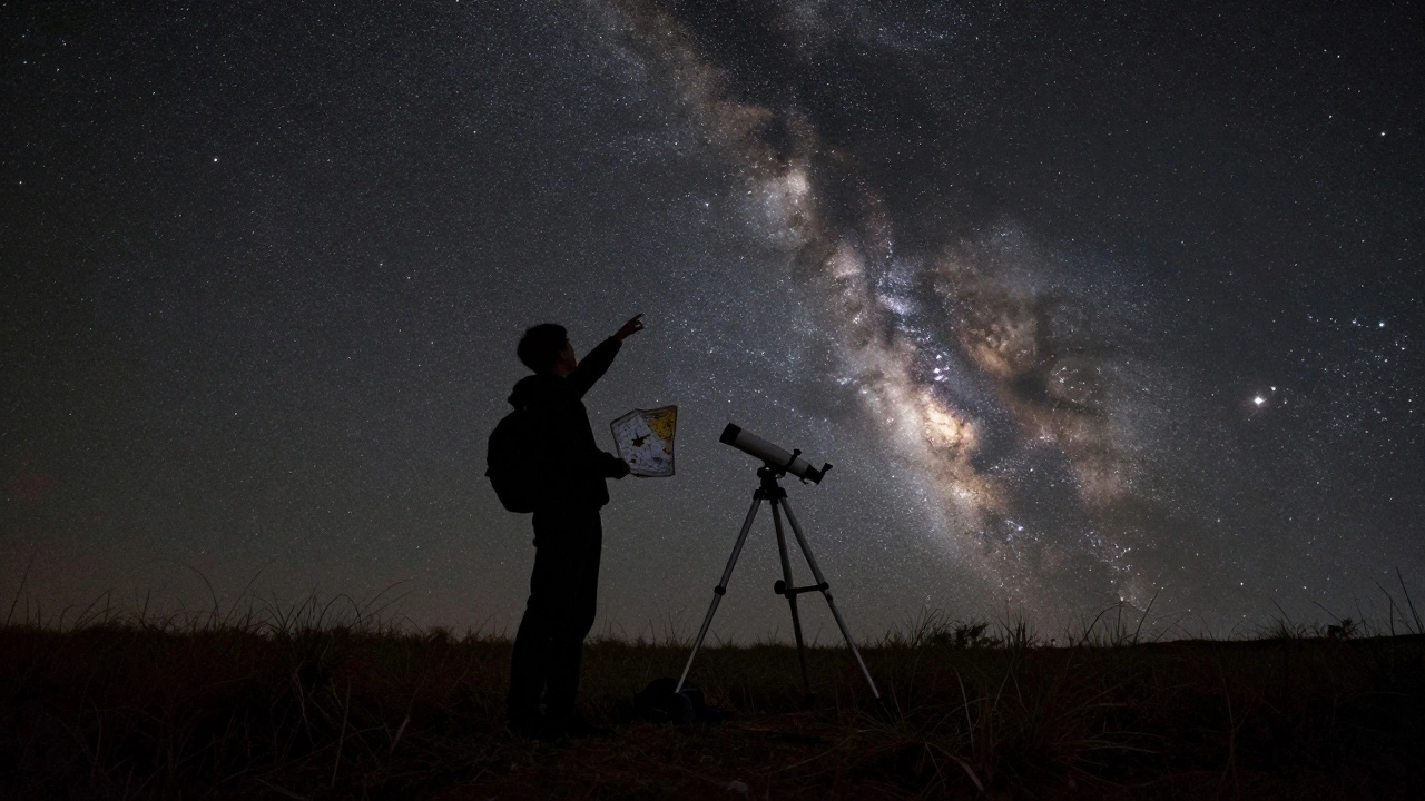 Silhouette of person with star map and telescope under Milky Way sky.