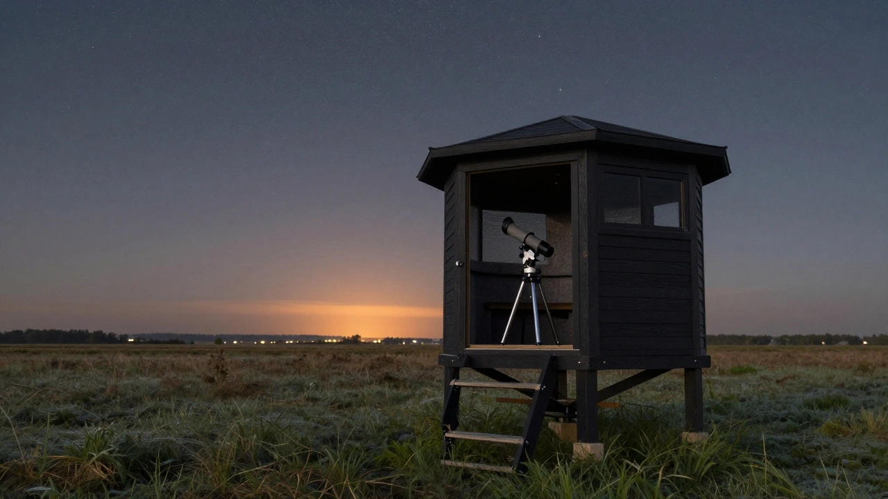 Small black wooden observing hut with rotating roof under a starry night sky.