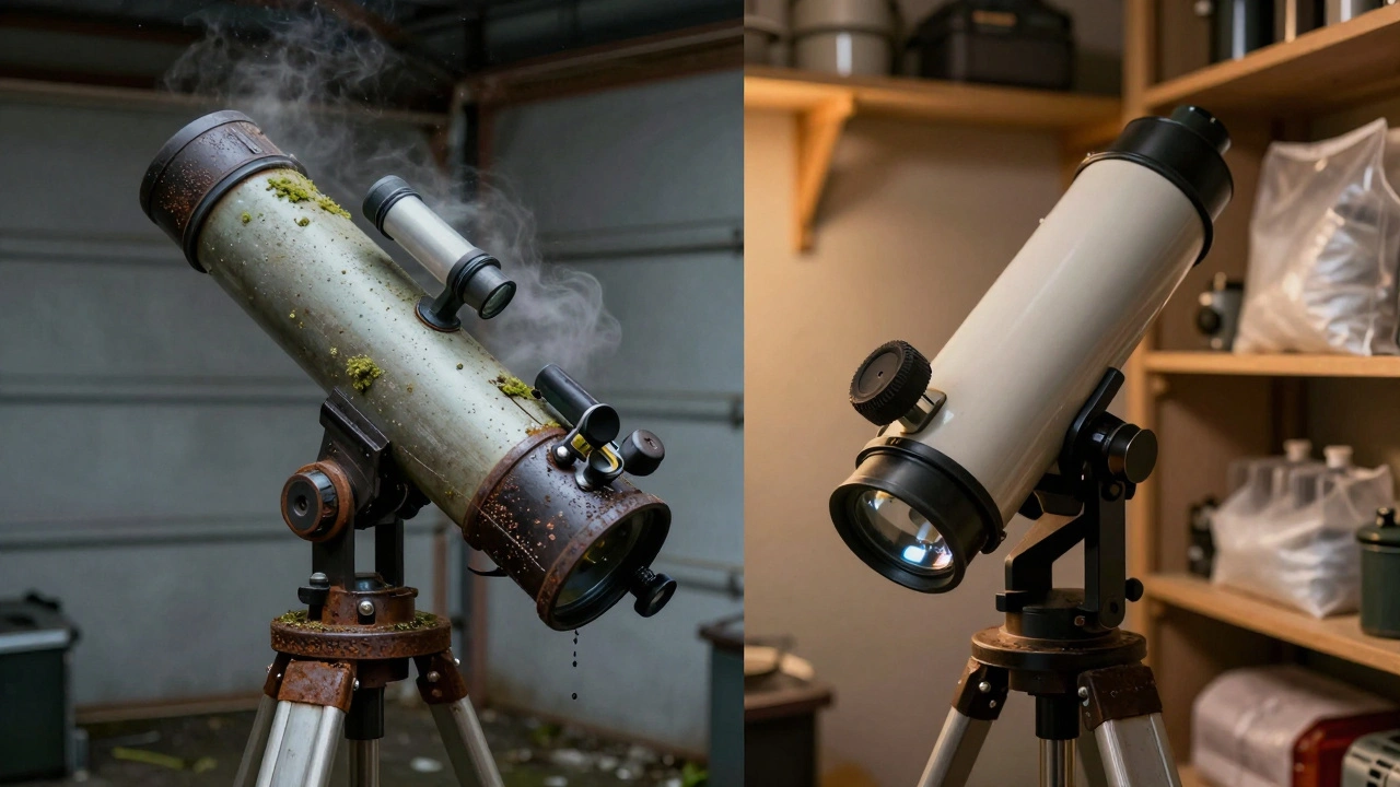 Split image: left shows damaged telescope in damp garage; right shows properly stored telescope in climate-controlled closet.