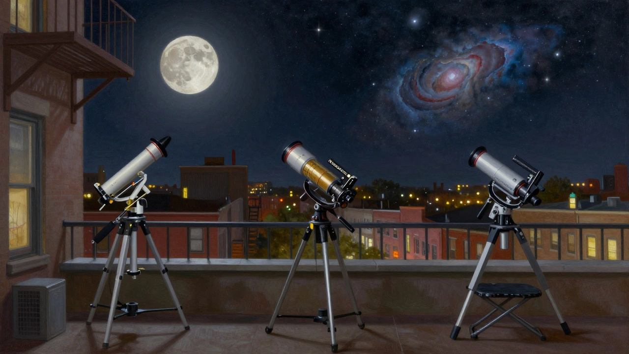 Three different tabletop Dobsonians on urban surfaces, each pointed at a celestial object in the night sky.