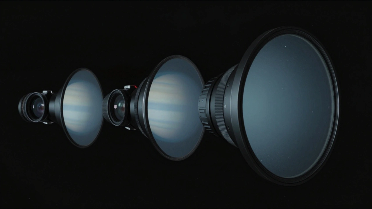 Three types of eyepieces showing different field views of Jupiter: narrow orthoscopic, balanced Plossl, and wide widefield.