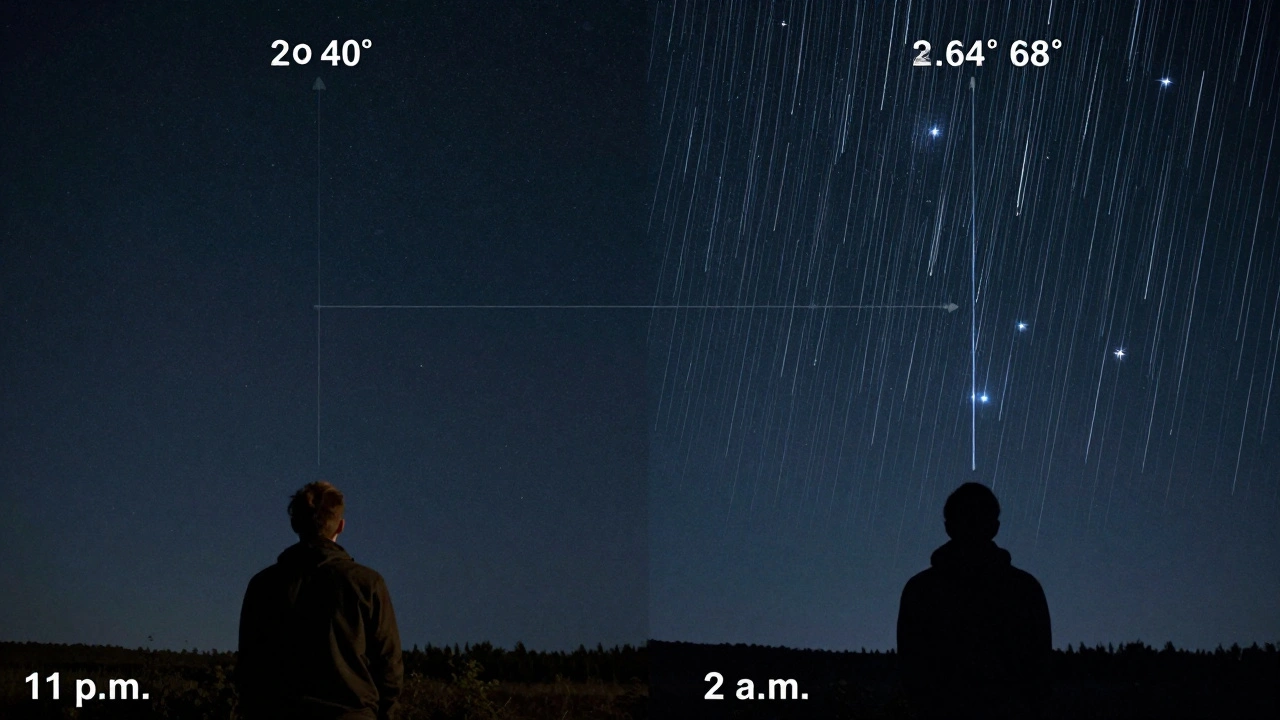 Two observers on the same night: one sees few meteors at low radiant, the other sees many at high radiant, showing drift effect.