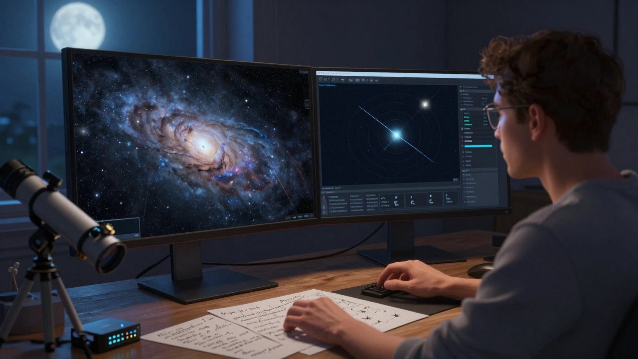 User working with Stellarium on dual monitors, displaying detailed Milky Way simulation and meteor shower plugin in a dark room.