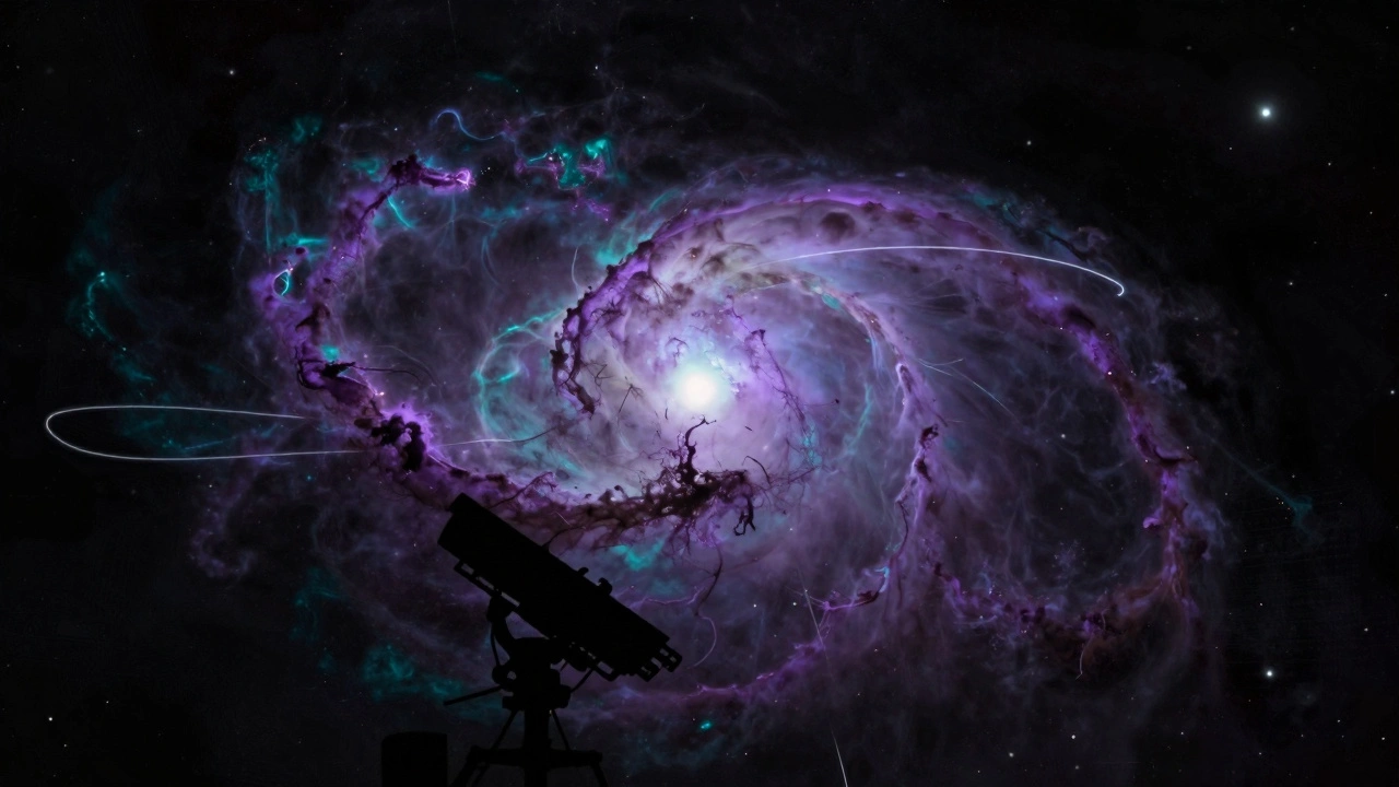 Vibrant nebula viewed through telescope silhouette in dark space.