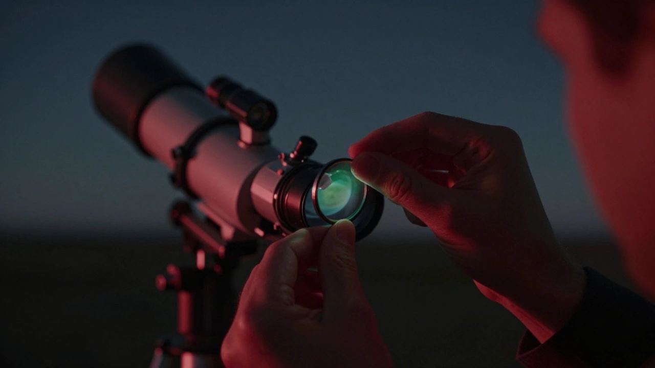 A close-up of a hand placing an OIII filter into a telescope eyepiece under red light.