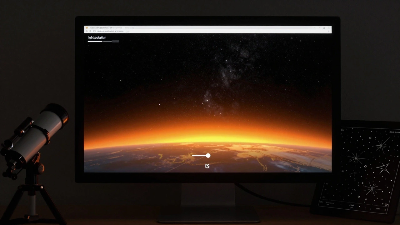A computer screen showing planetarium software simulating light pollution with an orange horizon glow.