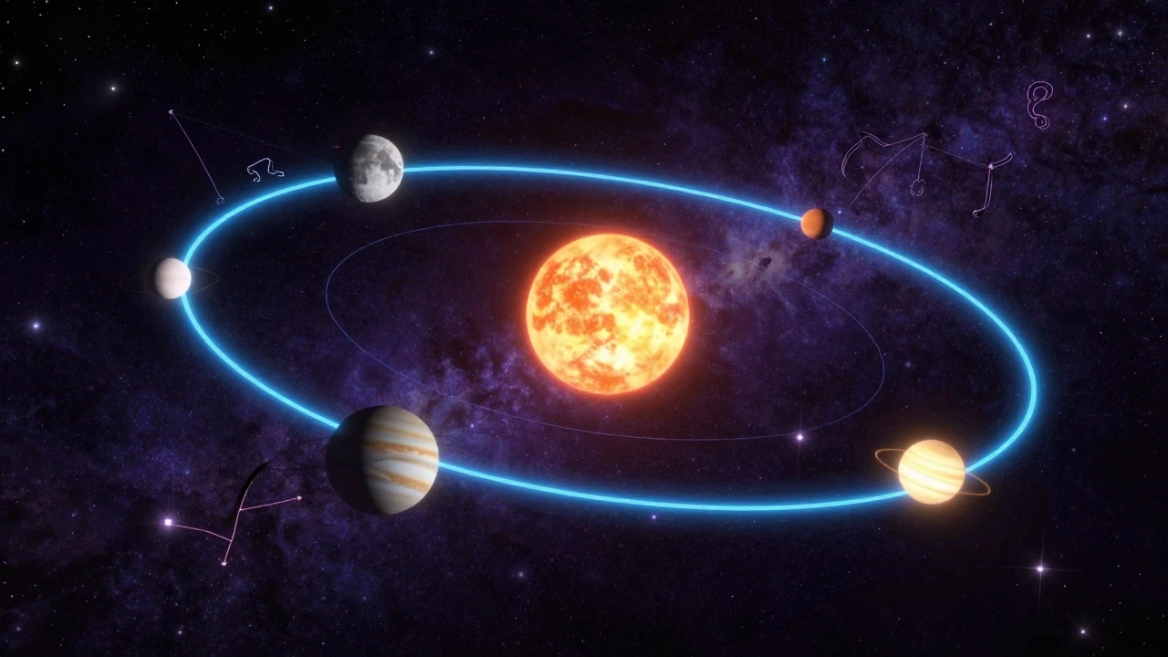 A glowing orbital path in space showing planets and zodiac constellations along the ecliptic.