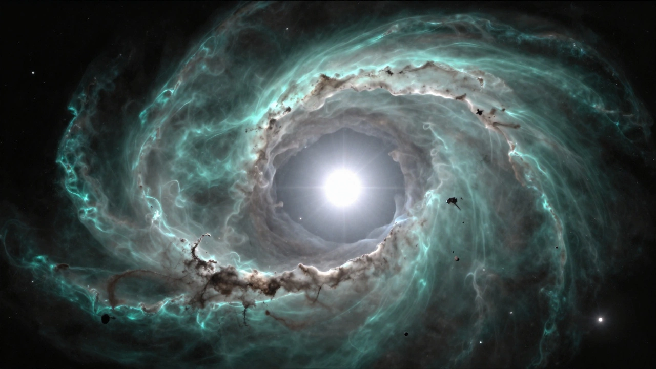 A glowing planetary nebula with a bright central white dwarf star surrounded by a ghostly ring of gas.