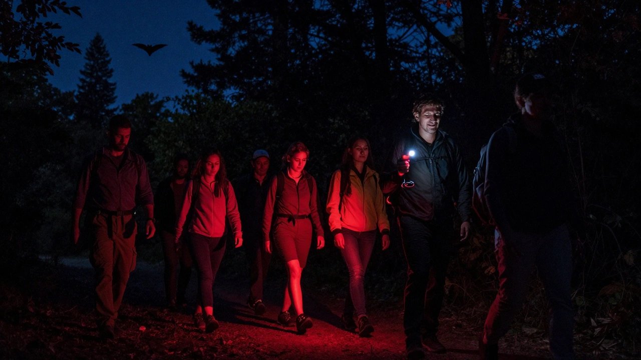 A guide leading a group through a dark park using a red flashlight under a starry sky.