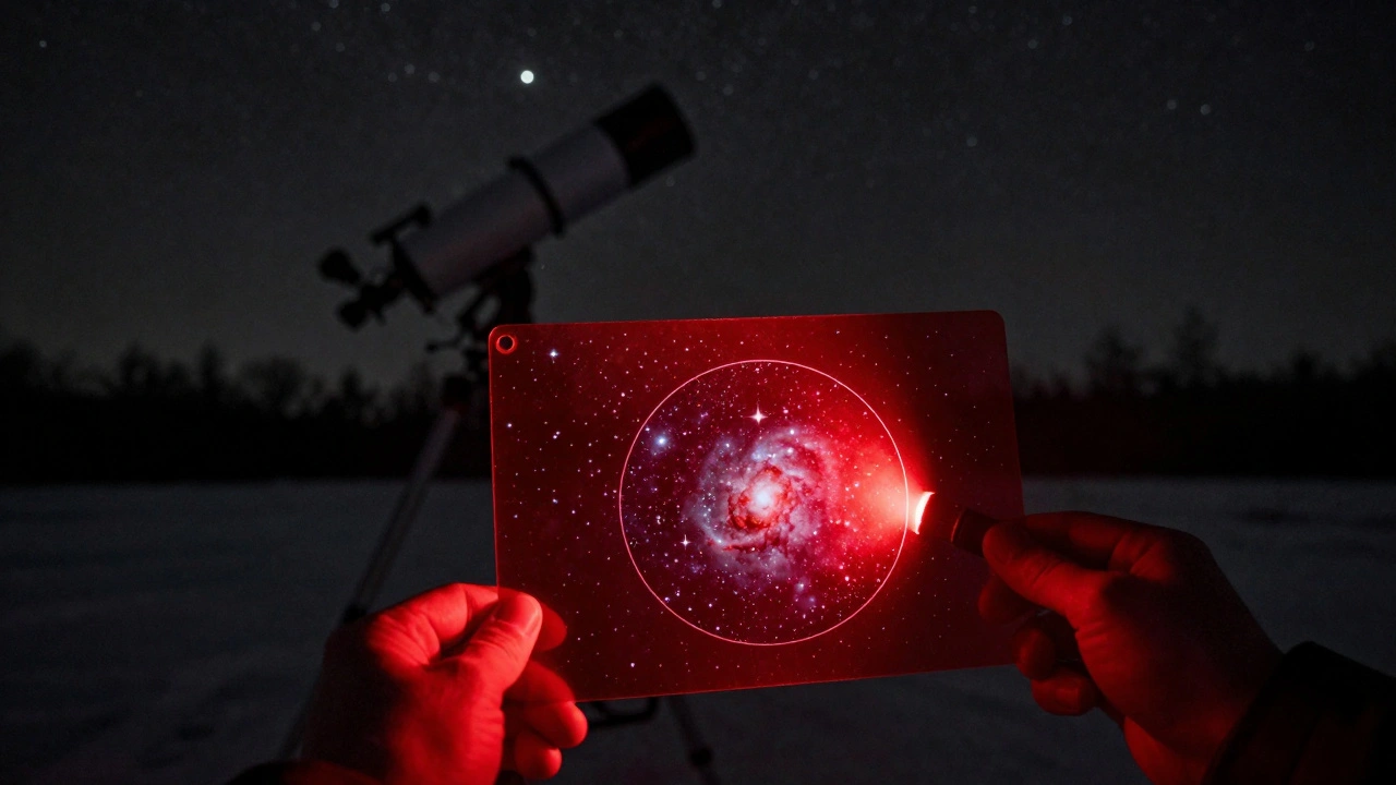 A hand holding a red-filtered star chart under a red light during a night observation.