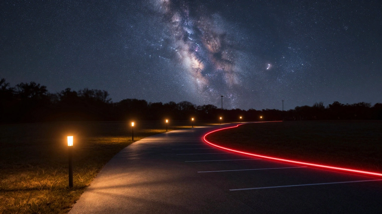 A park path transitioning from amber bollard lights to red LEDs under a clear Milky Way galaxy.
