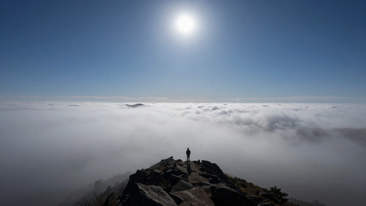 A person standing on a mountain ridge above a blanket of fog, viewing a meteor shower in a clear sky.