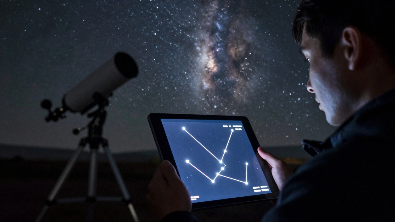 A person using a tablet as a guide to find constellations with a telescope in the background.