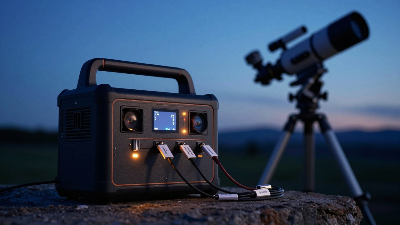 A portable power station connected to a telescope mount with labeled cables at dusk.
