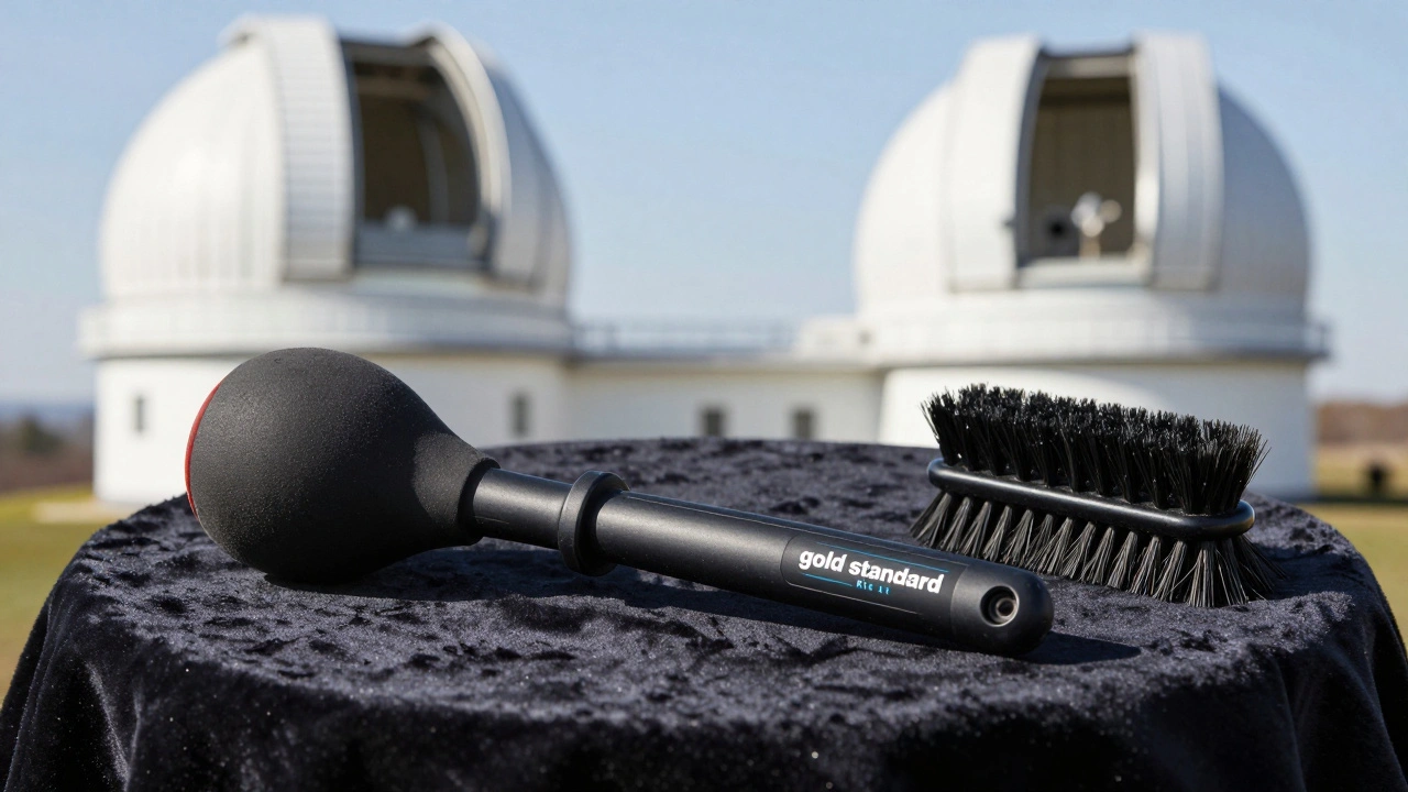 A rubber rocket blower and soft lens brush on a dark cloth for safe telescope cleaning