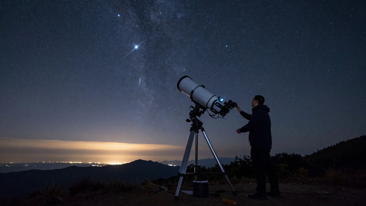 A telescope in a dark sky site with a faint city glow on the horizon under a starry sky.