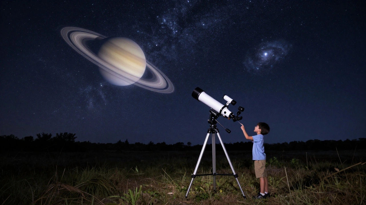 A telescope set up in a backyard under a starry night sky featuring Saturn and a nebula