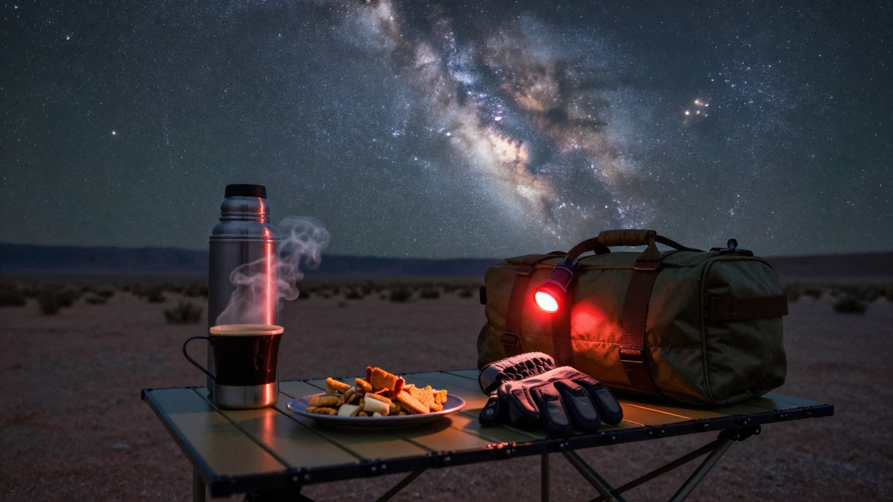 A thermos, snacks, and red flashlight on a table under a starry night sky.
