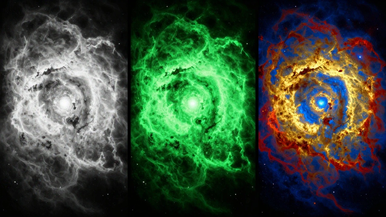 A three-stage conceptual split showing the transformation of a nebula to the Hubble Palette.