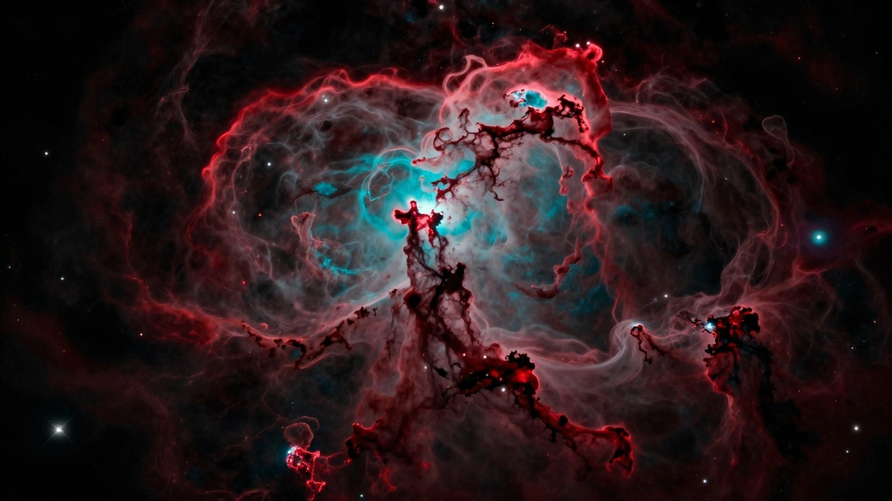 A vibrant emission nebula rendered in deep red and teal blue HOO colors.
