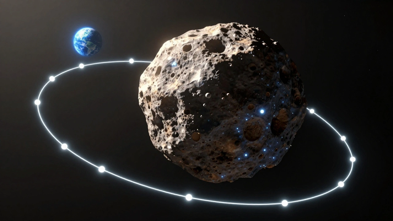 An asteroid in space with a glowing orbital trajectory line and Earth in the background.