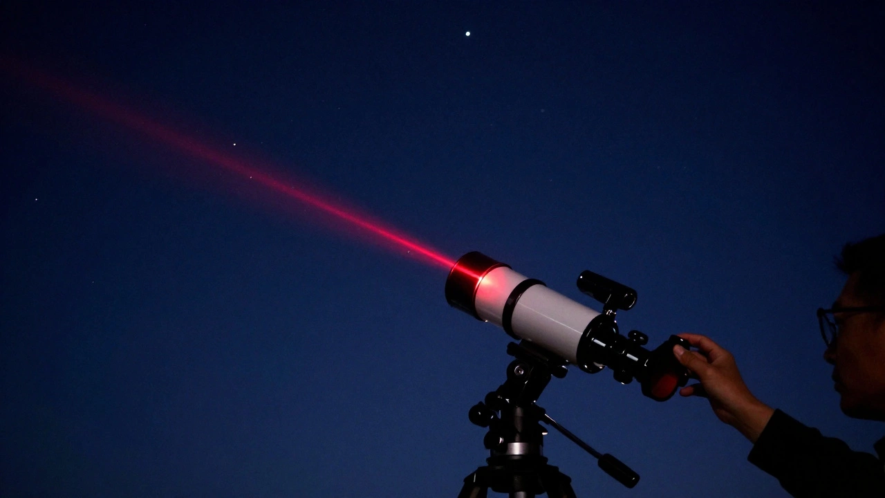 An astronomer using a red laser collimator to align a telescope under a starry sky