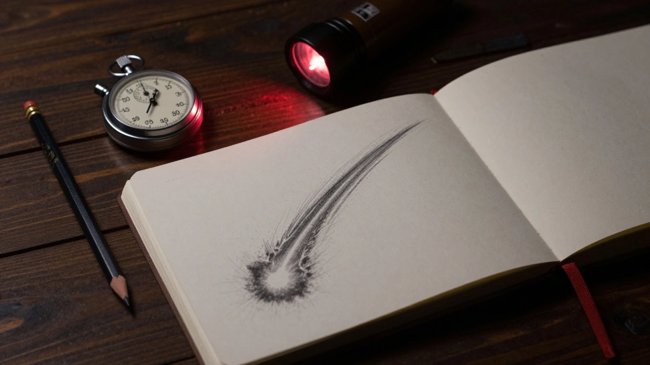 Astronomer's field kit with a stopwatch, red flashlight, and meteor sketches