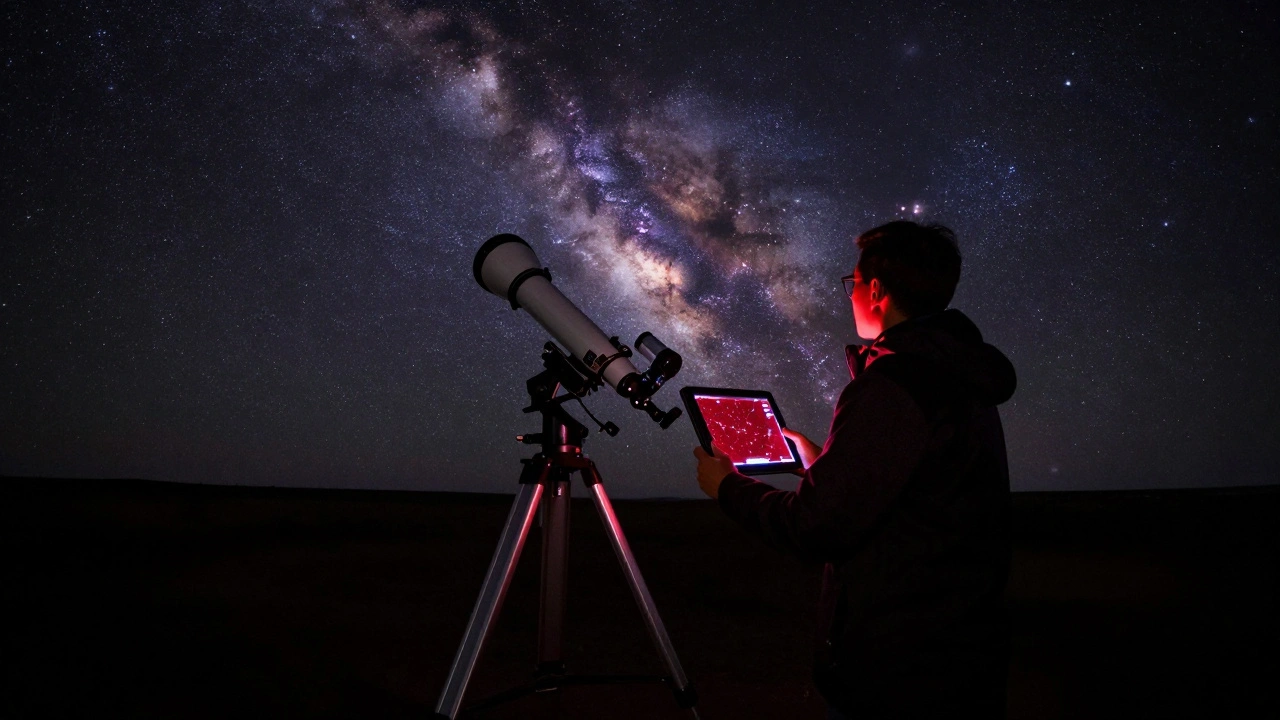 Astronomer with a red-screened tablet and a telescope under a vivid Milky Way galaxy