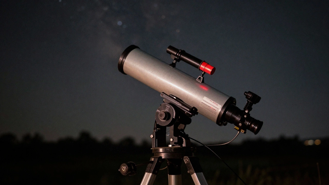 Close-up of a German Equatorial Mount telescope performing a meridian flip at night.