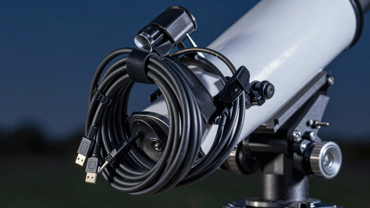 Close-up of a secure cable service loop with Velcro ties on a telescope mount axis.