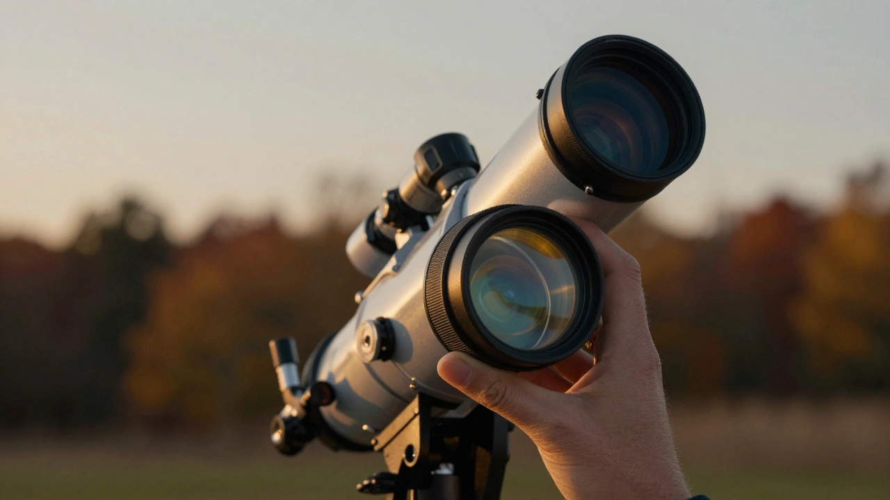 Close-up of a telescope and light pollution filter against a clear autumn night sky.
