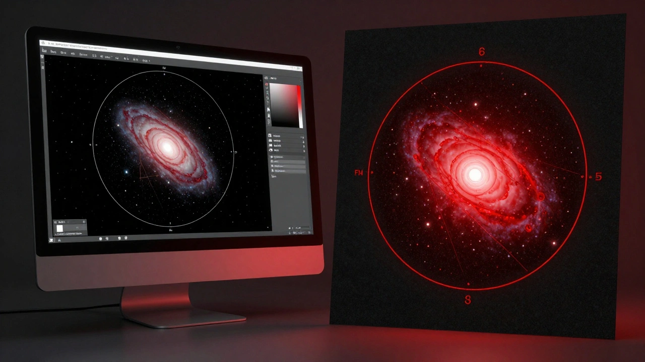 Comparison between a digital telescope simulation on screen and a red-ink printout.