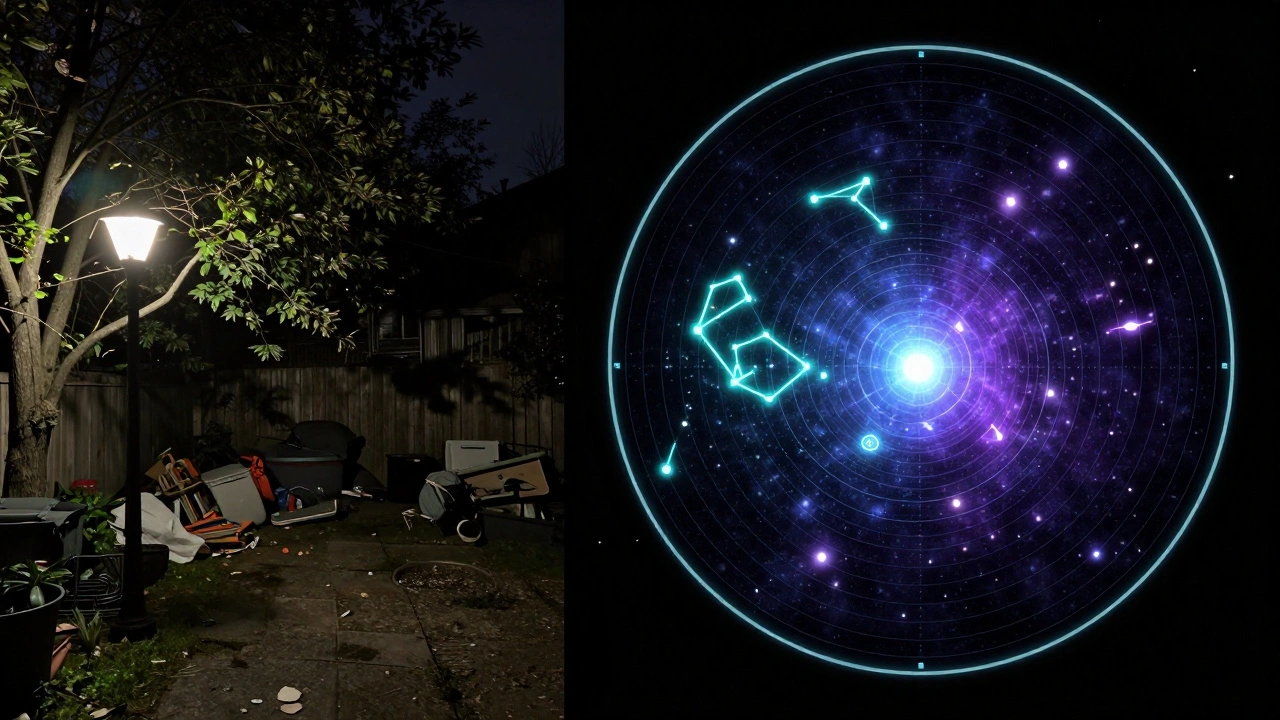 Comparison between a real backyard view and a digital 3D celestial star simulation.