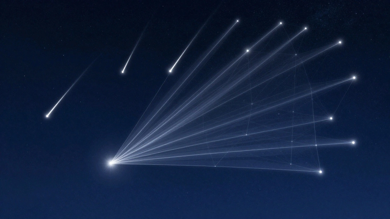 Conceptual diagram of meteor paths intersecting at a radiant point in the starry sky