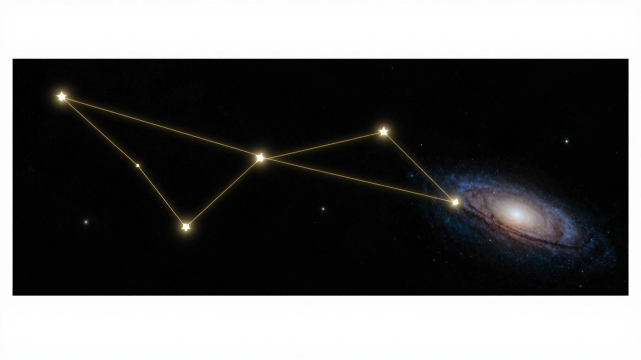 Conceptual diagram of star hopping with glowing lines connecting stars to a galaxy