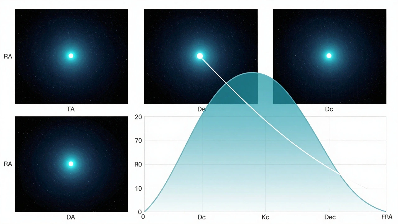 Conceptual illustration of asteroid movement across multiple images with coordinate markers.