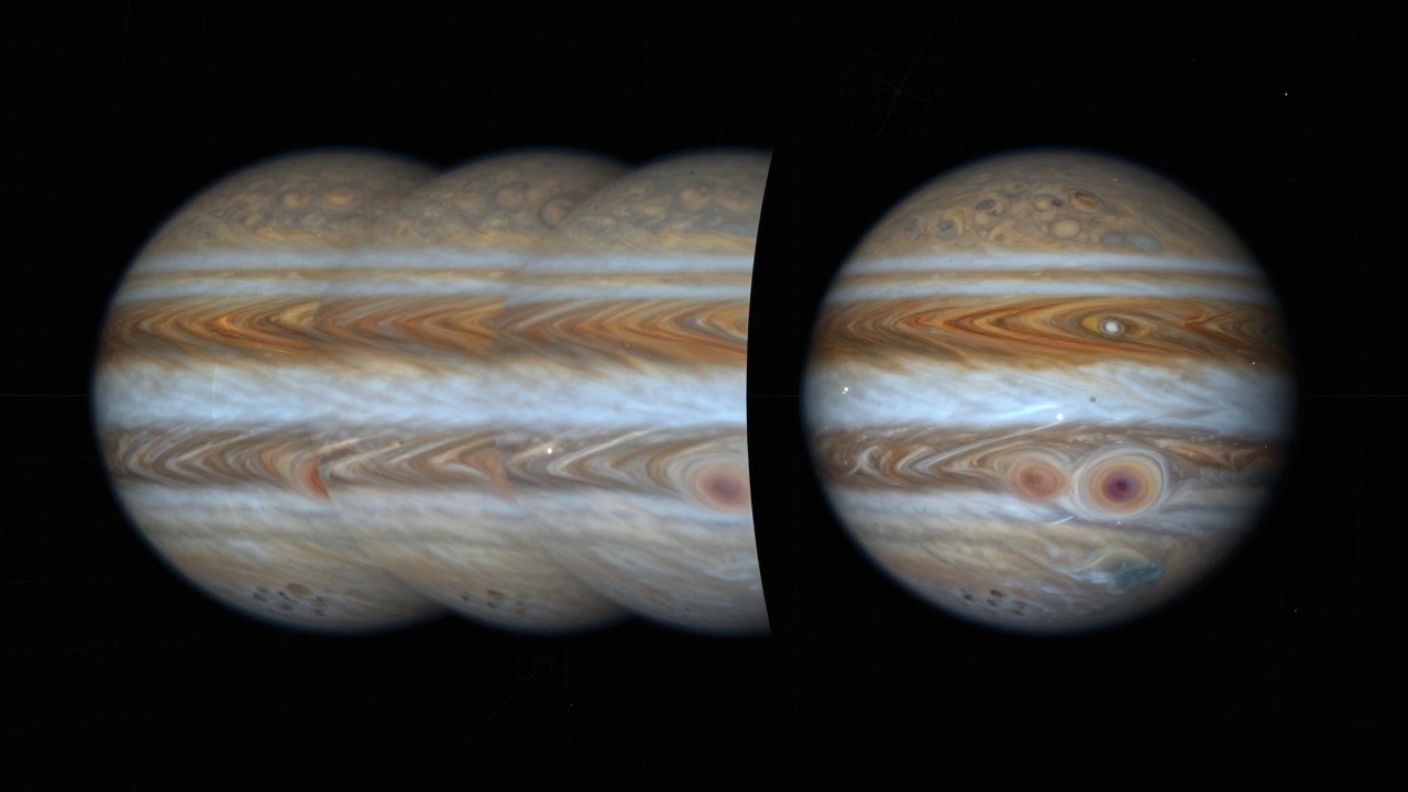 Conceptual image showing the transition from blurred planetary frames to a sharp, de-rotated image.