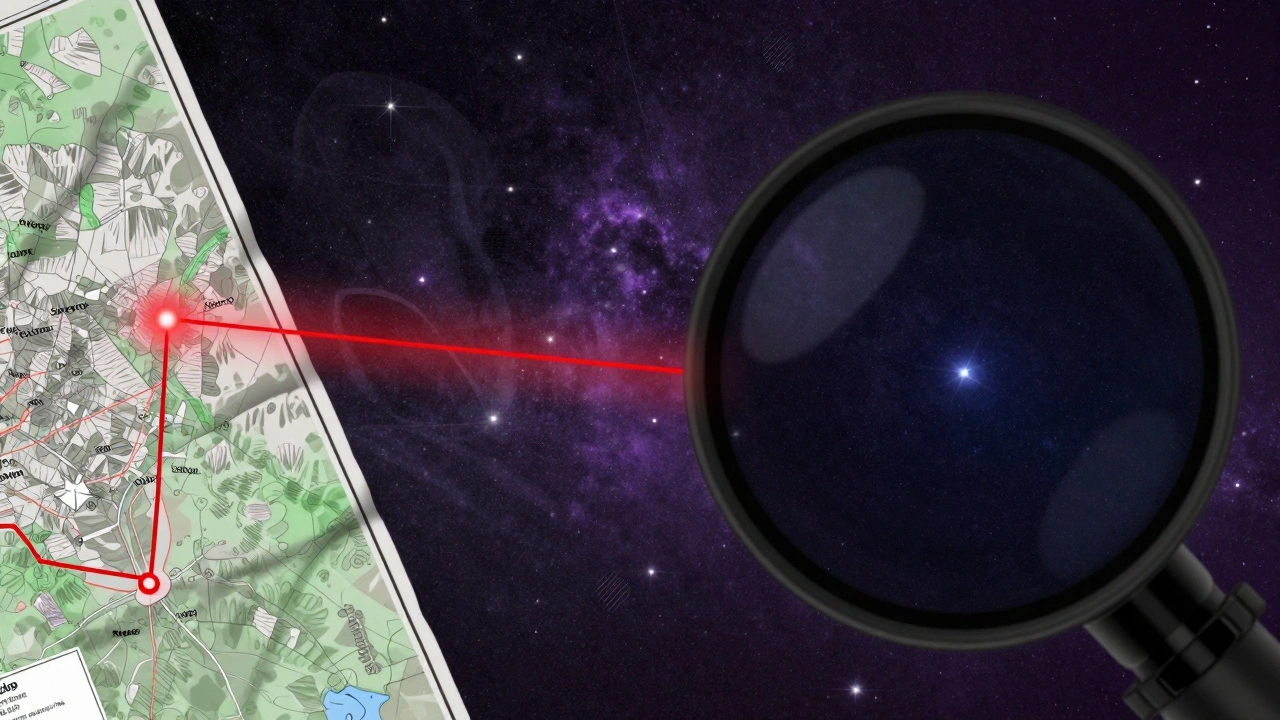 Conceptual view showing the connection between a paper star map and the stars seen through a telescope