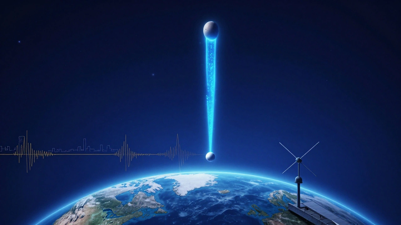 Diagram of a radio signal bouncing off a meteor's ionized plasma trail in the atmosphere