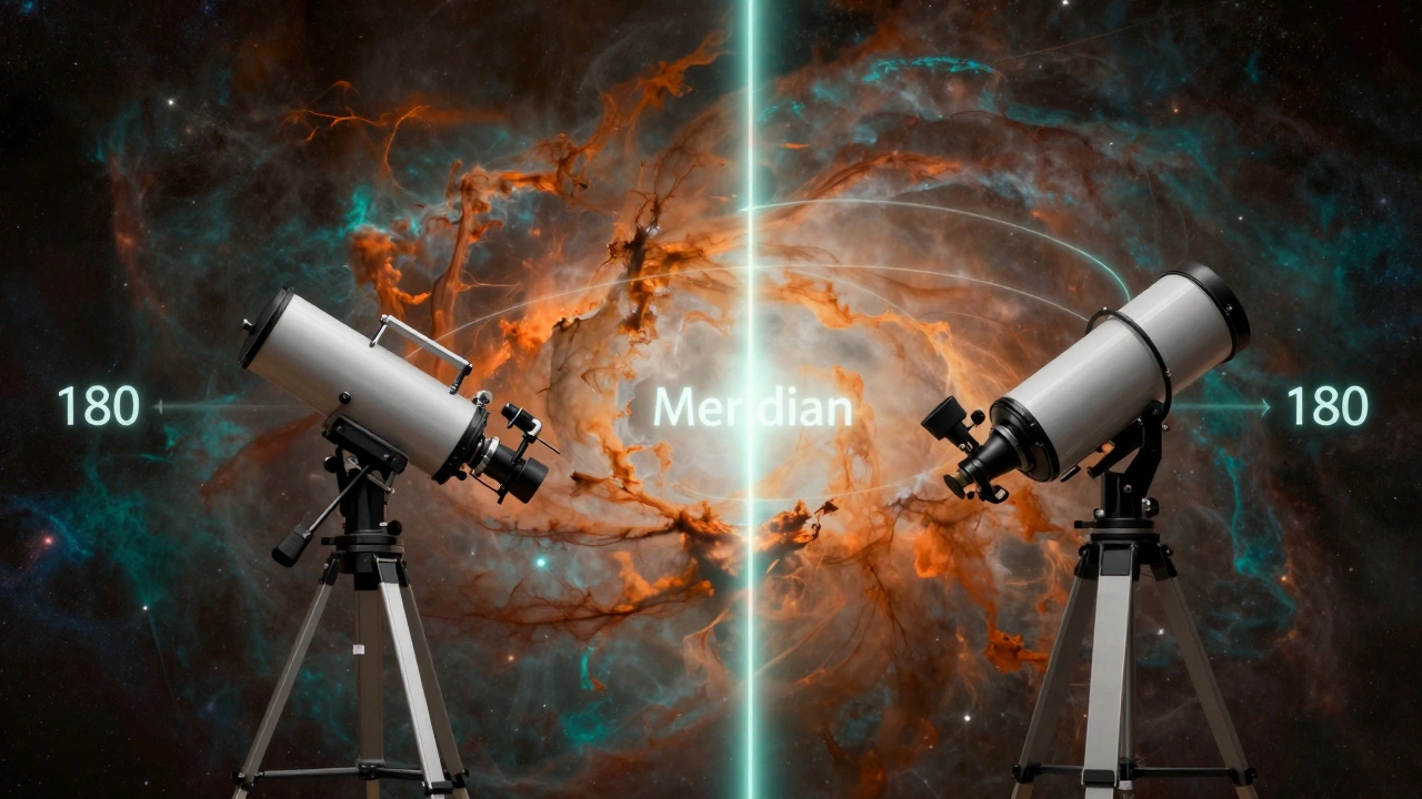 Diagram showing a telescope rotating 180 degrees across the celestial meridian line.