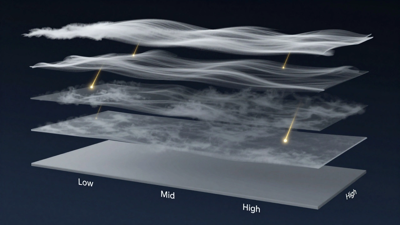 Digital illustration of atmospheric cloud layers showing gaps where meteors pass through.