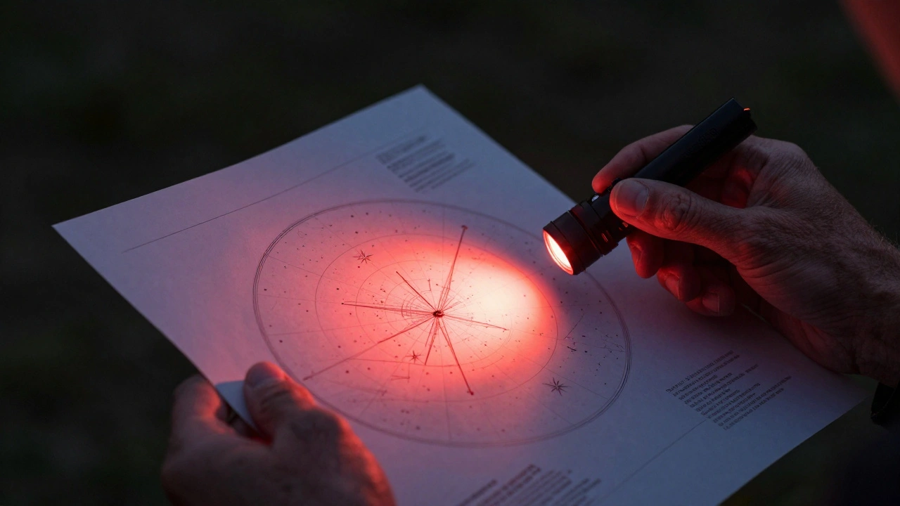 Hands holding a paper star chart and planisphere illuminated by a dim red LED flashlight