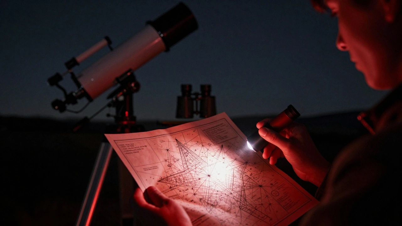 Hands holding a star map illuminated by a red light next to a telescope