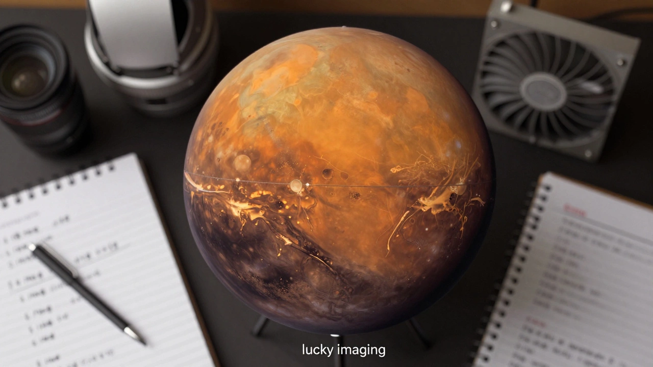 High-detail image of Mars highlighting surface features next to planetary imaging notes.